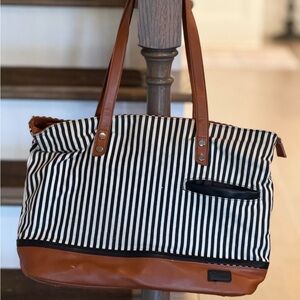 Striped Black and White Tote Bag with Tan Accents